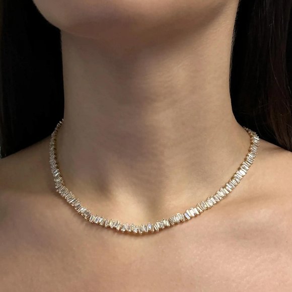 13.10Cttw Baguette Cut Diamond Tennis Statement Necklace 18K Yellow Gold